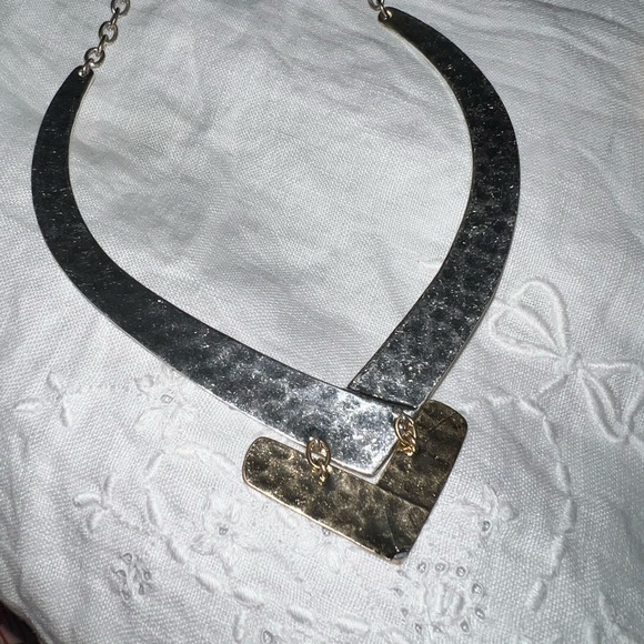 RLM- chevron statement necklace 16in with extender , silver & brass - Picture 4 of 8